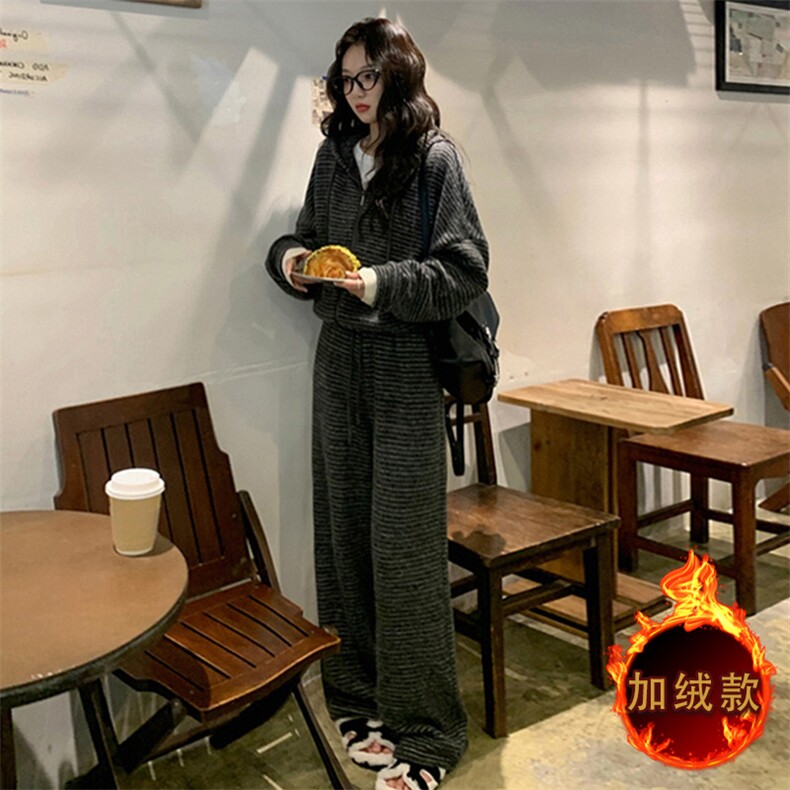 秋冬新款宽松显瘦加绒条纹两件套连衣裙,女装套装/套裙,江南