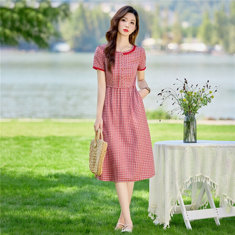 淑女风格纹连衣裙女春夏收腰显瘦中长裙格子裙子,女装连衣裙,水衣源