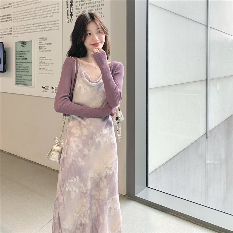绝美气质感穿搭碎花吊带连衣裙配针织开衫女春秋超火好看长裙套装,女装连衣裙,维壹