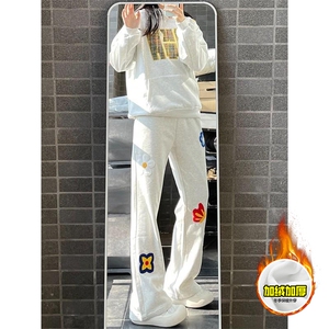 抖音得物高品质秋冬季重磅花卉刺绣潮流运动宽松加绒直筒休闲卫裤图片