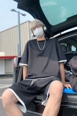 日系冰丝休闲运动套装男夏季薄款短袖t恤短裤学生时尚两件套衣服，男装休闲套装，电商A007
