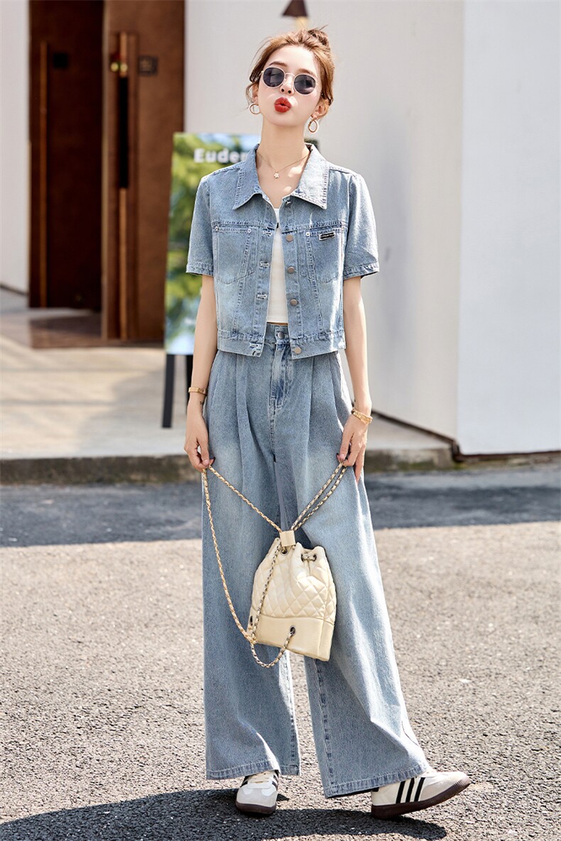 时尚蓝色牛仔套装女2025夏新款翻领短袖外套显瘦垂感阔腿裤两件套,女装套装/套裙,采品优优