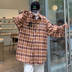 美式街头复古格子长袖衬衫男潮牌嘻哈刺绣宽松休闲百搭衬衣，男装衬衫，星座716-3