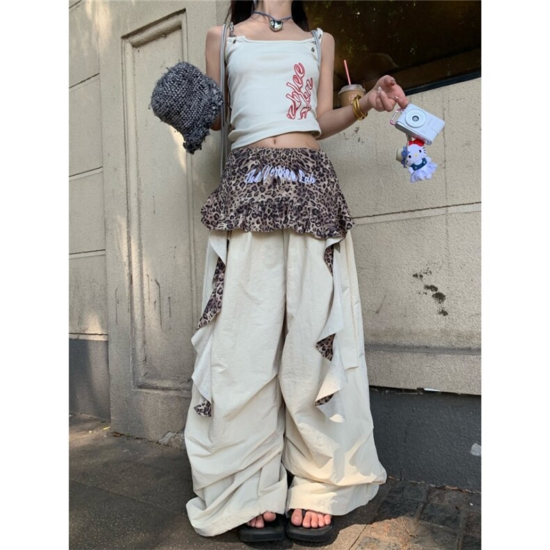 设计感假两件豹纹拼接休闲裤女夏季新款美式复古宽松阔腿裤伞兵裤图片