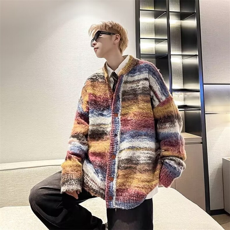 渐变针织开衫男女韩版潮流条纹2023秋冬新款ins毛衣外套MZ057-P62图片