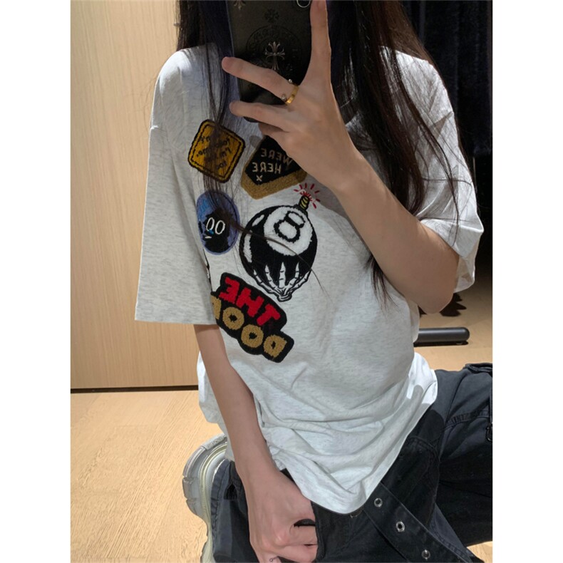 网图现货美式街头徽章刺绣T恤男女宽松高街情侣夏季短袖A369-P35，男装T恤，星座1505