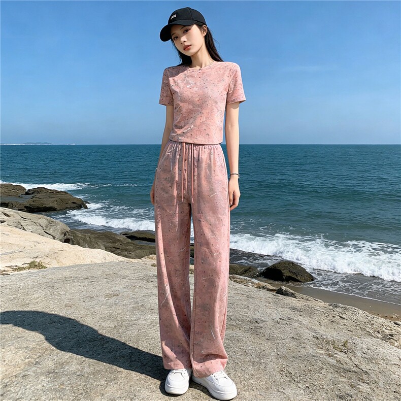 潮牌时尚休闲运动套装女夏季新款粉色扎染圆领短袖上衣长裤两件套，女装套装/套裙，江南