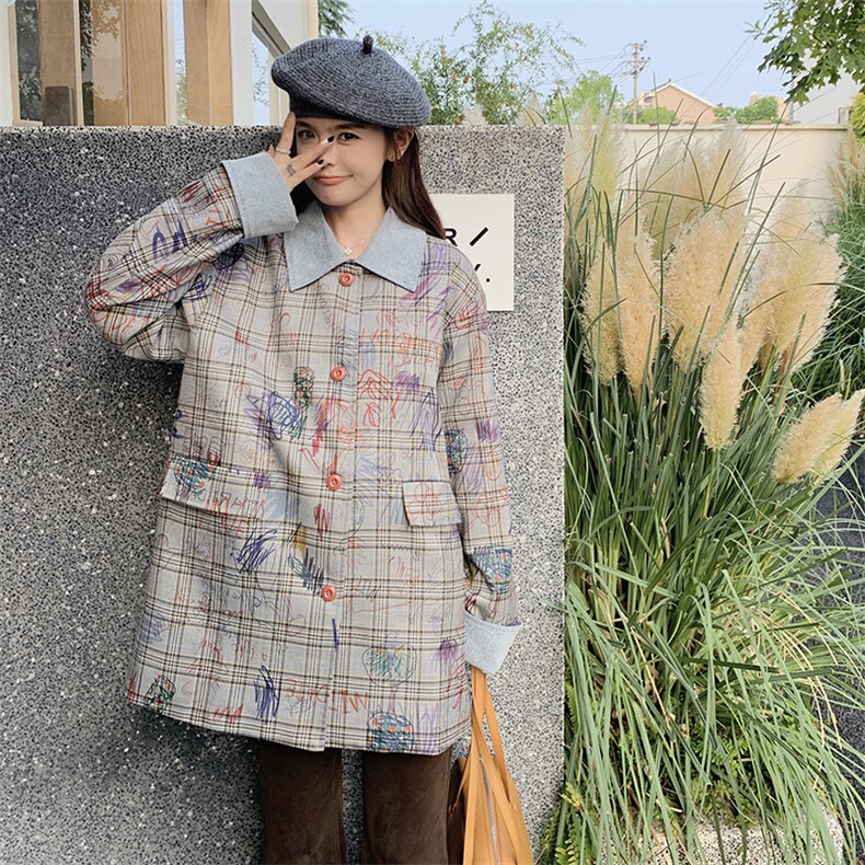 韩系休闲减龄单排扣灰色格子涂鸦风衣外套女2025春秋独特漂亮上衣,女装风衣,浙宝276（原081）