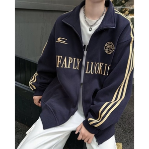 文艺慵懒时尚新款气质ins潮流简约百搭潮牌藏青色立领卫衣原宿图片