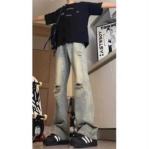 破洞牛仔裤男夏季薄款水洗做旧微喇裤cleanfit直筒裤子LA6011-P45图片