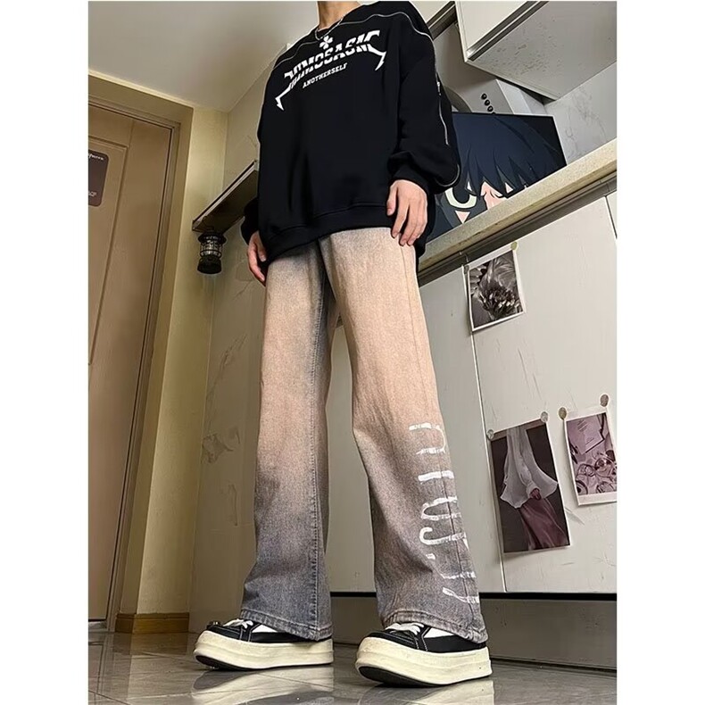 春秋季新款渐变色牛仔裤男宽松休闲直筒百搭拖地阔腿裤图片