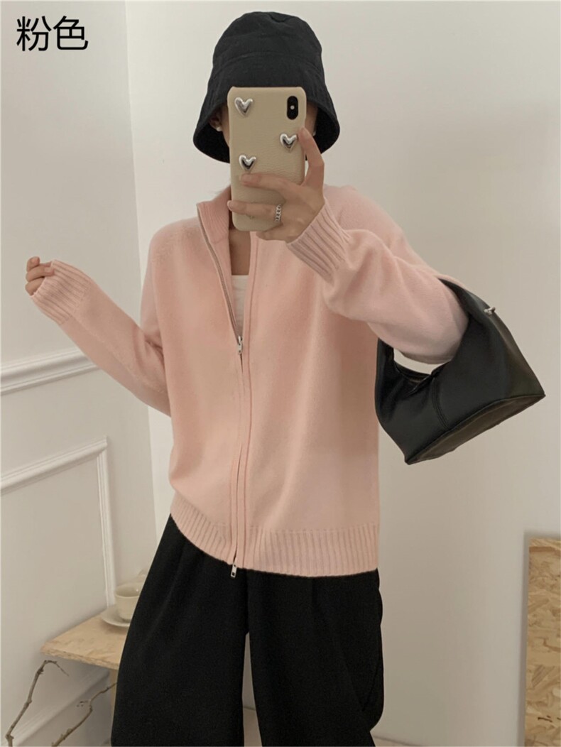女士秋冬10%羊绒全拉链开衫纯色简约黑色宽松显瘦外套,女装羊绒衫,牧思羊