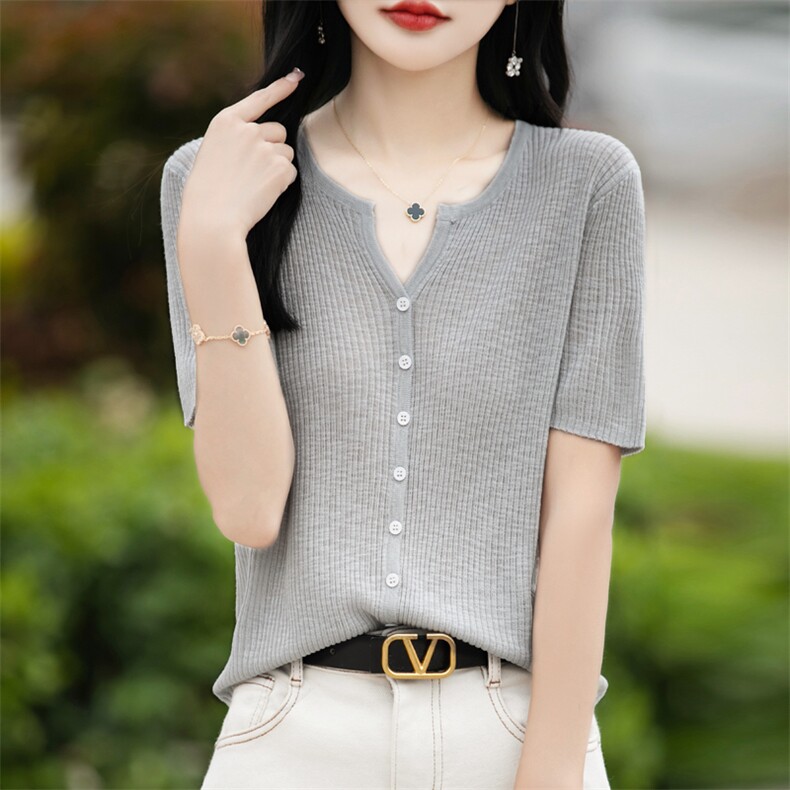 竹节麻针织V领短袖女T恤夏季裙子外搭上衣披肩薄款坑条显瘦外套潮,针织衫/毛衣,东远绒业