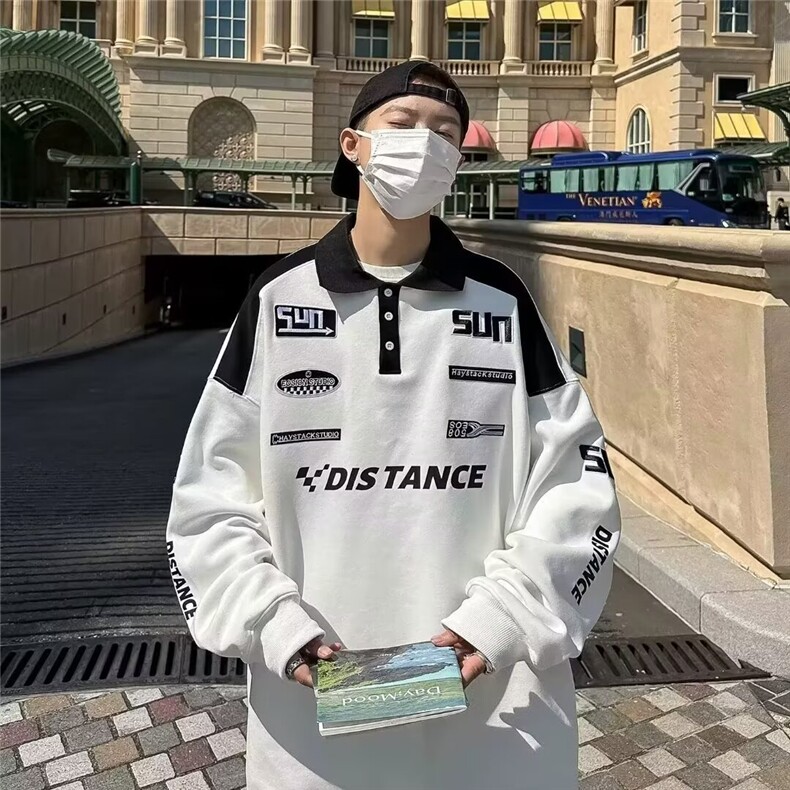 美式复古polo衫潮牌黑白拼接刺绣翻领卫衣男小众高街赛车服外套，男装Polo衫，星座506A