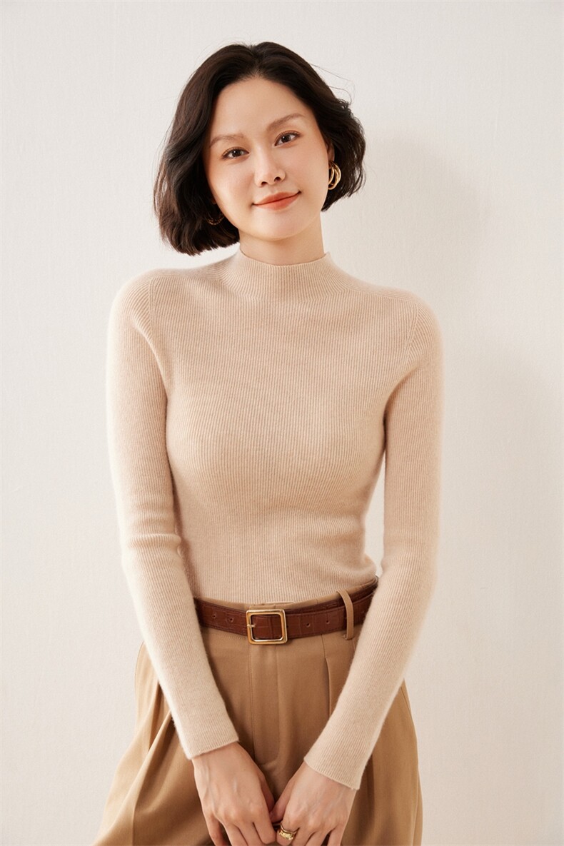 一线成衣无缝软糯感山羊绒衫女半高领抽条修身毛衣针织打底衫上衣,女装羊毛衫,伊绒腾羊绒