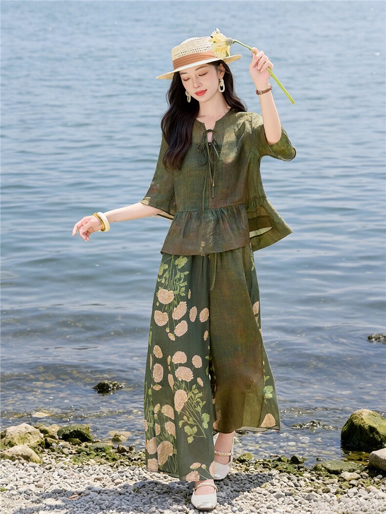 时尚苎麻印花拼接阔腿裤扎染宽松上衣复古风套装女,女装套装/套裙,水衣源