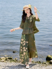时尚苎麻印花拼接阔腿裤扎染宽松上衣复古风套装女，女装套装/套裙，水衣源