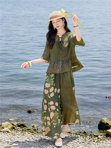 时尚苎麻印花拼接阔腿裤扎染宽松上衣复古风套装女图片