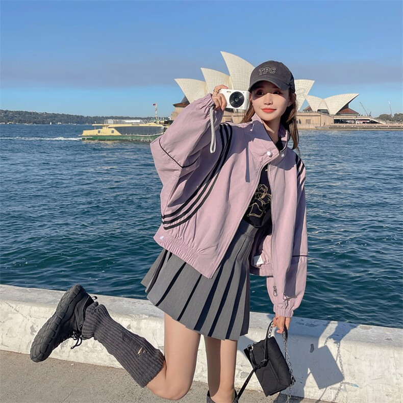 粉紫色冲锋衣外套女2025春季新款设计感条纹拼接宽松立领短款夹克，女装短外套，帛香坊