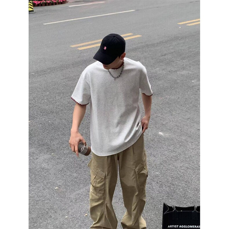 抖音得物二开240克宽松纯棉美式高街痞帅贝壳绣花工艺短袖T恤,男装T恤,电商A486