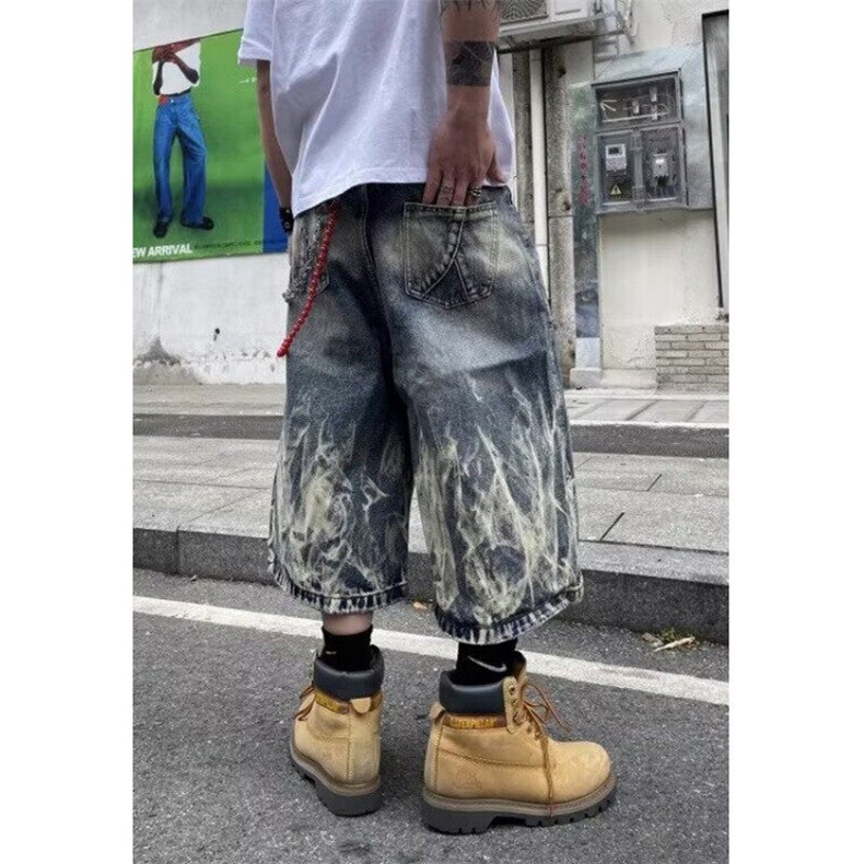 简约慵懒潮流日系美式街头闪电纹纹牛仔七分短裤 NK8716图片