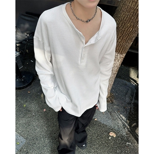 假两件长袖圆领t恤男春秋华夫格卫衣美式运动内搭打底衫T0764-P40图片