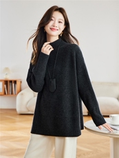 慵懒风高领毛衣女宽松中长款灰色针织羊毛衫秋冬2025加厚保暖内搭，女装羊毛衫，艾米