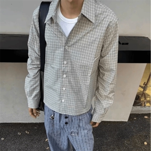 美式潮牌高街复古细格子日系肌理感长袖衬衫外套男女休闲宽松衬衣图片