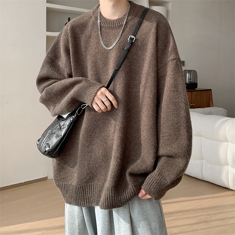 纯色慵懒风毛衣男秋冬季美式cleanfit宽松圆领潮牌情侣针织衫线衣，男装针织衫/毛衣，电商A367