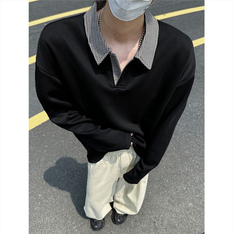 模特千鸟格翻领polo衫老钱风卫衣外套W988/特P28黑色8,男装Polo衫,电商A094