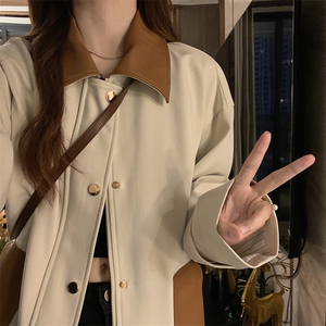 pu皮拼接短外套女秋2025新款韩版设计感bf风夹克C695-88图片