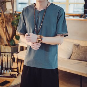 T97*2021夏季男士中国风棉麻短袖T恤衫 灰蓝 *P25图片