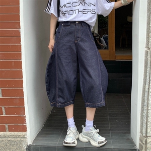 V168-P78 夏季美式复古丹宁蓝刺绣牛仔裤宽松直筒百搭水洗七分裤图片