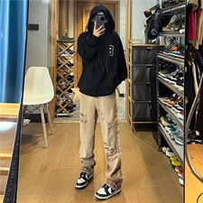 复古做旧水洗牛仔裤男美式街头宽松直筒坠感破洞阔腿裤N2813-P45，男装牛仔裤，星座1008