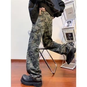 美式街头嘻哈工装裤高街潮牌复古迷彩牛仔裤宽松直筒长裤GJ229P45图片