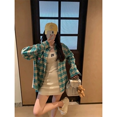 TC597-P45新款绿色格纹衬衫女慵懒风韩系防晒衬衣宽松开衫上衣，女装衬衫，星座617A-2