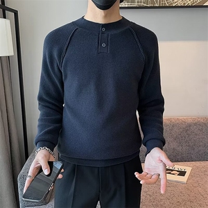 秋冬纯色休闲厚款毛衣男套头提花细条亨利领打底针织衫 S581图片