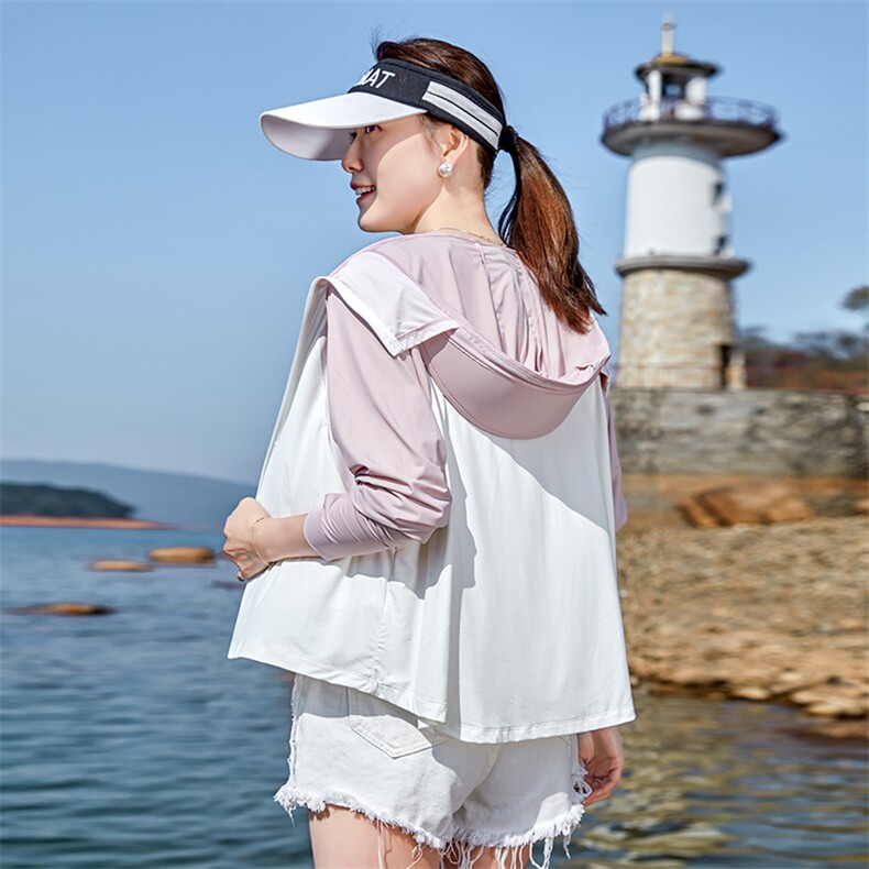 冰丝凉感防紫外线防晒衣透气2025夏季新款拼色披肩衫大帽檐防晒服，女装防晒衣，可可小西