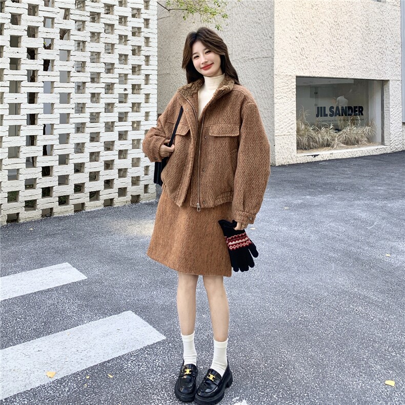 美拉德风毛呢羽绒套装女冬季2025新款高级感穿搭高腰半身裙两件套,女装套装/套裙,维壹