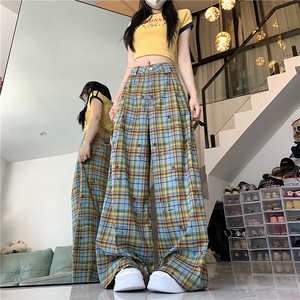 美式撞色格子裤夏薄款拼接阔腿裤子宽松直筒休闲弯刀裤A9010-P42图片