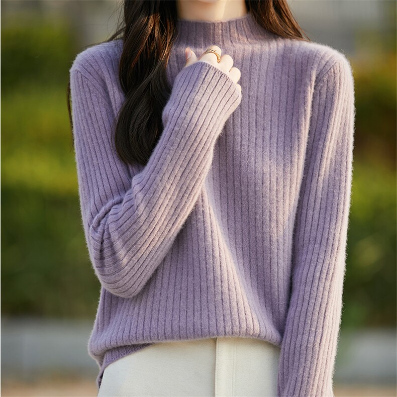 半高领坑条100%纯羊毛衫女24秋冬长袖针织上衣宽松羊绒衫打底毛衣，女装羊毛衫，越洋羊