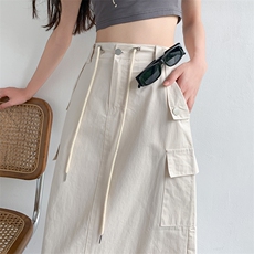 美式抽绳工装半身裙女2024夏季新款复古宽松休闲直筒开叉长裙，女装半身裙，梦白服饰厂