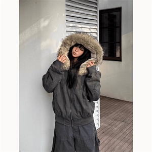 现货重磅boxy短款棉衣座山雕大毛毛领男女棉服水洗工装厚外套图片