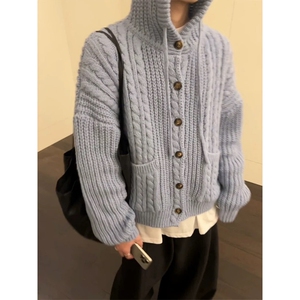 复古麻花连帽毛衣男女款秋季慵懒风高级感针织开衫外套ZZS65P75图片