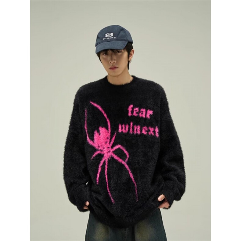 原创蜘蛛毛衣秋冬季美式复古蜘蛛提花水貂绒圆领毛衣男高街情侣款,男装针织衫/毛衣,星座506A