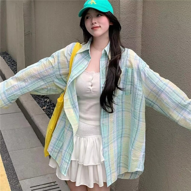 薄荷绿格子外搭防晒衬衫薄款外套男款2025夏季法式温柔氛围感衬衣图片