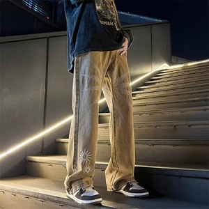 美式棕色牛仔裤子男宽松直筒休闲工装裤复古做旧高街长裤NK40-p52图片