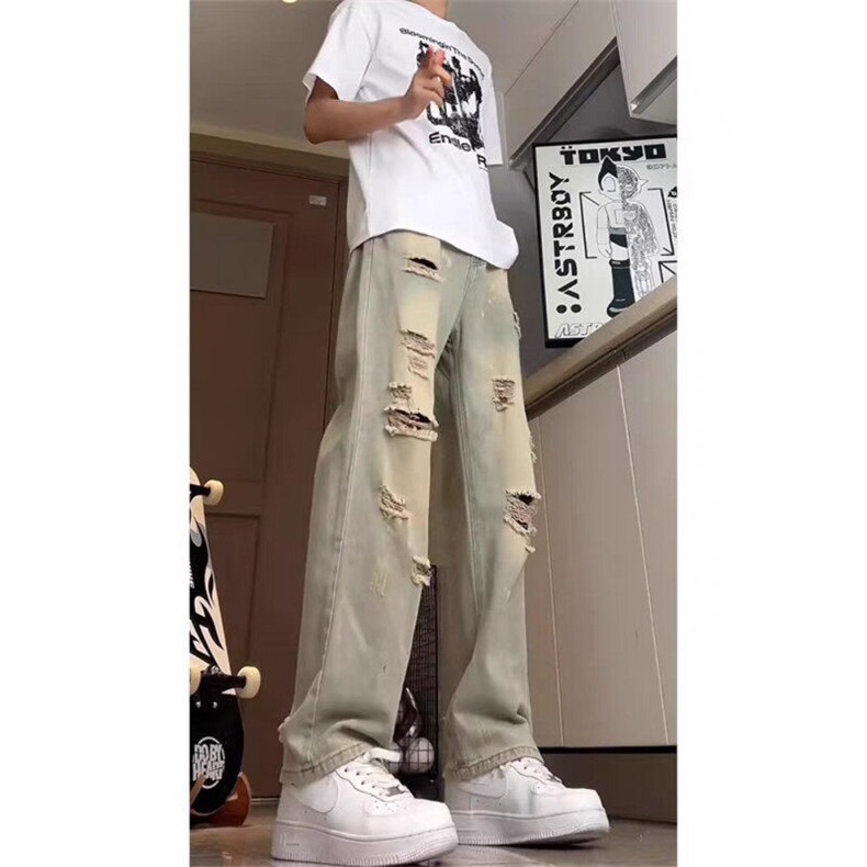 破洞牛仔裤男夏季薄款微喇裤潮牌美式高街窄版直筒裤子WL0133-P45,男装牛仔裤,星座1008