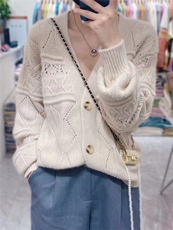 新款菱形针织开衫女V领长袖宽松显瘦百搭毛衣外套，女装羊毛衫，千御纺羊绒