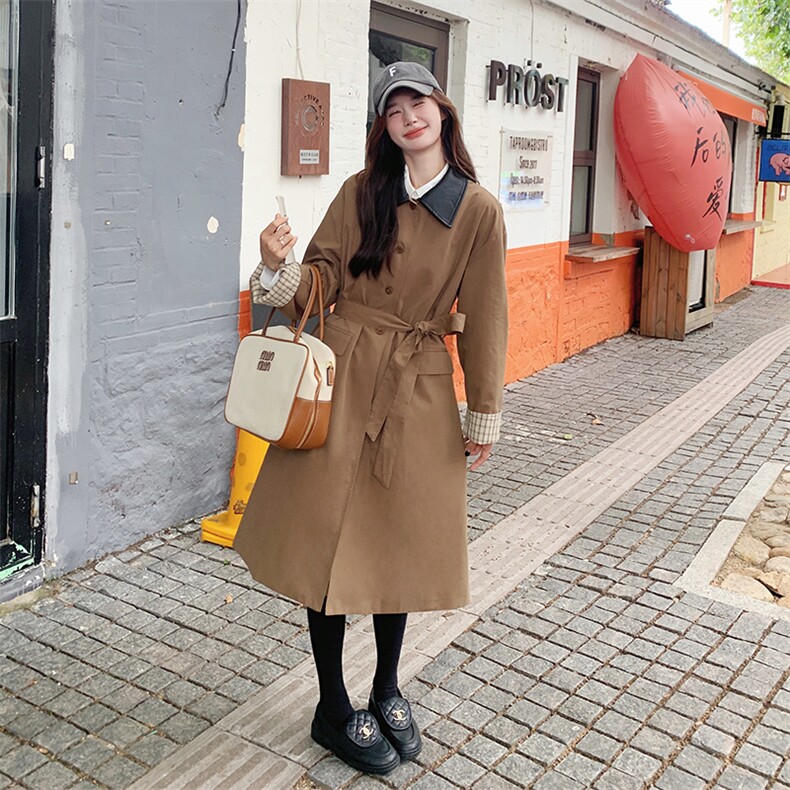 长款长袖薄款翻领女士格子领风衣韩版慵懒风大衣春秋气质小个子,女装风衣,蝶眷